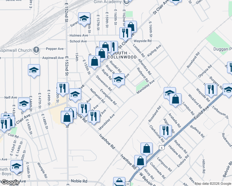 map of restaurants, bars, coffee shops, grocery stores, and more near 957 Stevenson Road in Cleveland