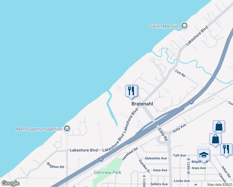 map of restaurants, bars, coffee shops, grocery stores, and more near 2 Bratenahl Place in Cleveland