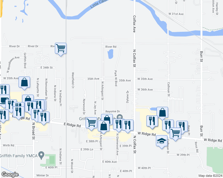 map of restaurants, bars, coffee shops, grocery stores, and more near 1819 North Arbogast Street in Griffith