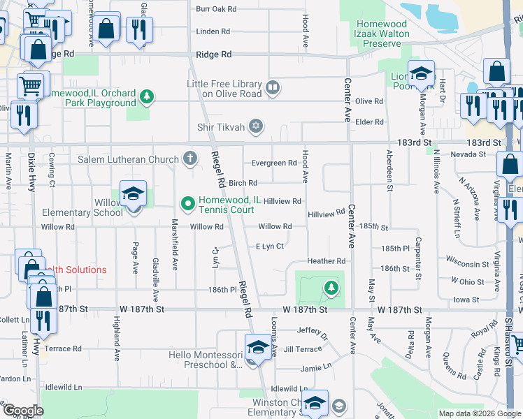 map of restaurants, bars, coffee shops, grocery stores, and more near 1409 Hillview Road in Homewood