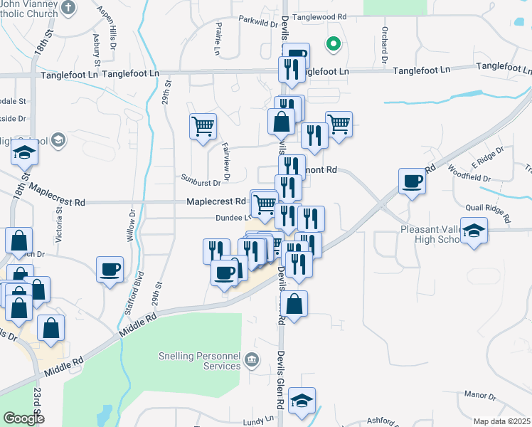 map of restaurants, bars, coffee shops, grocery stores, and more near 3118 Devils Glen Road in Bettendorf