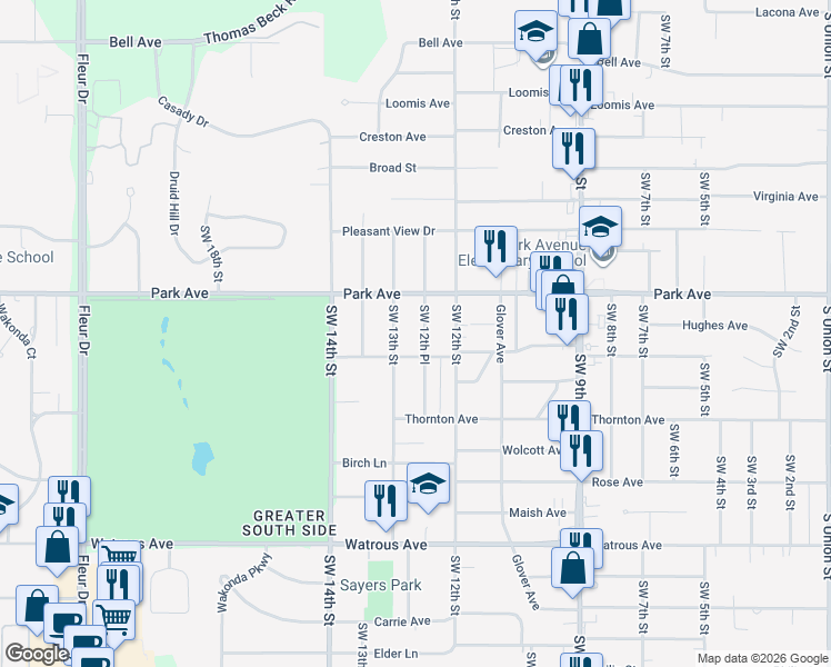map of restaurants, bars, coffee shops, grocery stores, and more near 3223 Southwest 12th Place in Des Moines