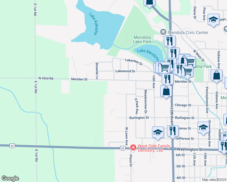 map of restaurants, bars, coffee shops, grocery stores, and more near 1509 Meriden Street in Mendota