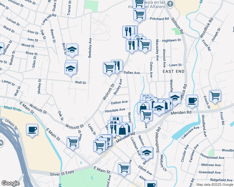 map of restaurants, bars, coffee shops, grocery stores, and more near 140 Bouley Avenue in Waterbury