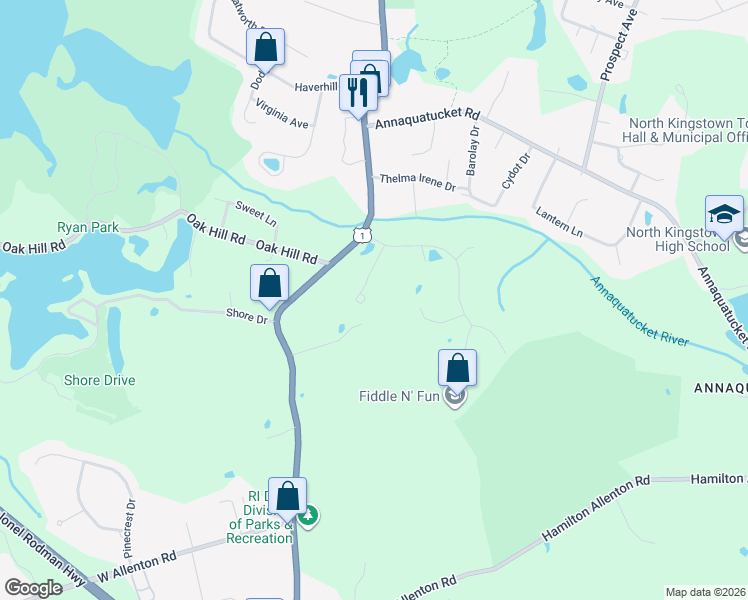 map of restaurants, bars, coffee shops, grocery stores, and more near 60 Esker Lane in North Kingstown