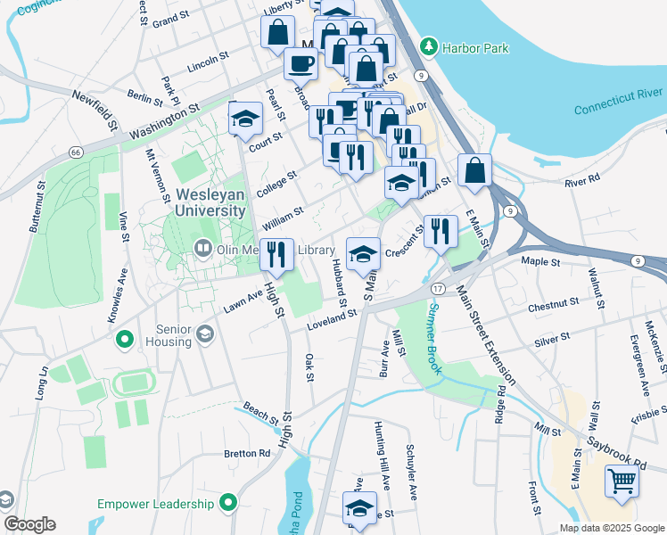 map of restaurants, bars, coffee shops, grocery stores, and more near 51 Hubbard Street in Middletown