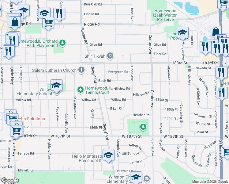 map of restaurants, bars, coffee shops, grocery stores, and more near 1409 Hillview Road in Homewood