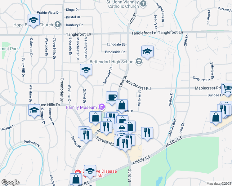 map of restaurants, bars, coffee shops, grocery stores, and more near 3108 18th Street in Bettendorf