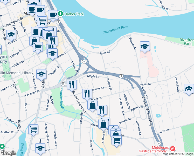 map of restaurants, bars, coffee shops, grocery stores, and more near 16 Maple Street in Middletown