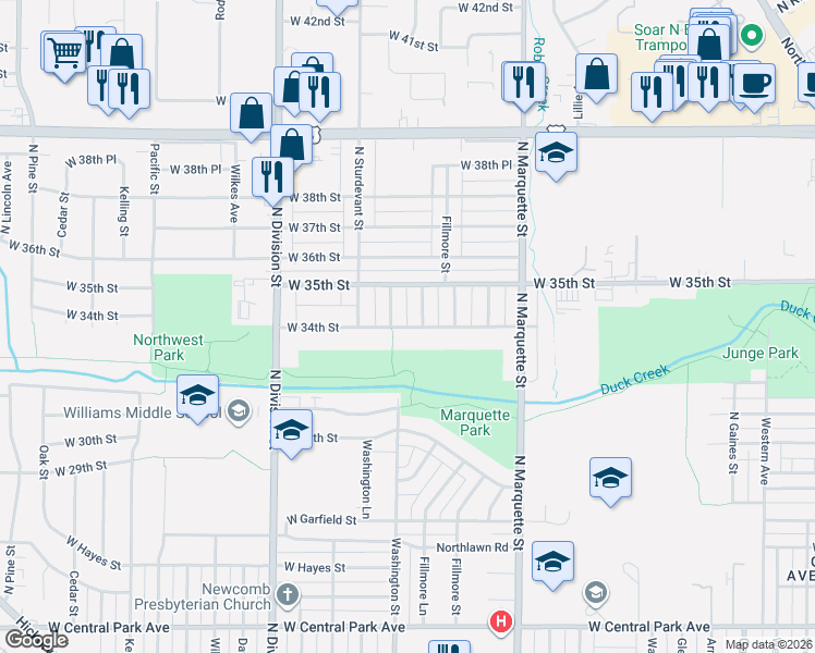 map of restaurants, bars, coffee shops, grocery stores, and more near 1428 West 34th Street in Davenport
