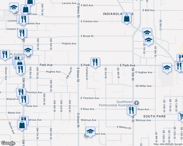 map of restaurants, bars, coffee shops, grocery stores, and more near 3304 Southeast 1st Street in Des Moines
