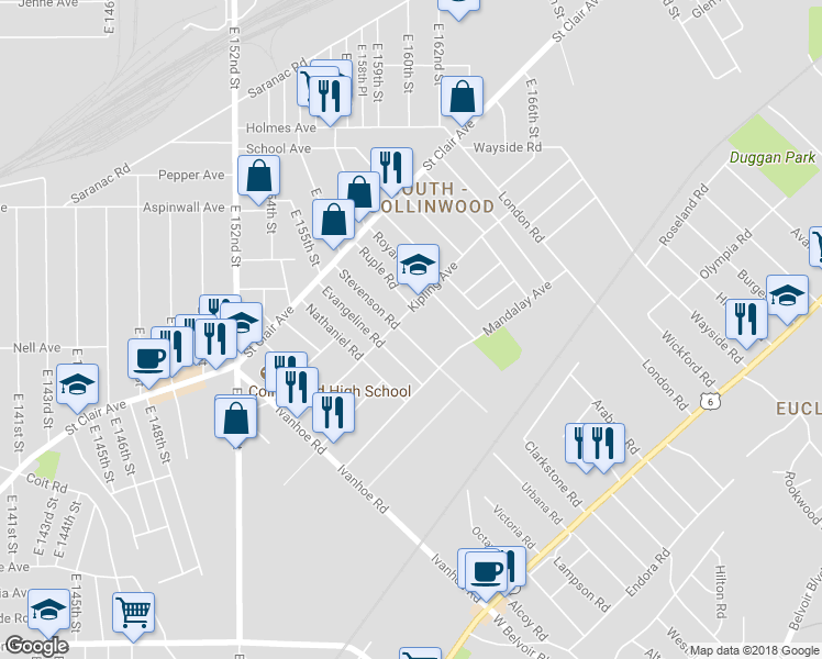 map of restaurants, bars, coffee shops, grocery stores, and more near 957 Stevenson Road in Cleveland