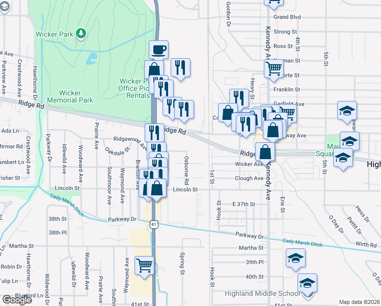 map of restaurants, bars, coffee shops, grocery stores, and more near 8701 Osborne Road in Highland
