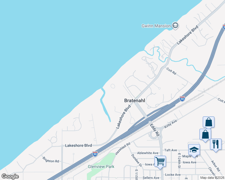 map of restaurants, bars, coffee shops, grocery stores, and more near 2 Bratenahl Place in Cleveland