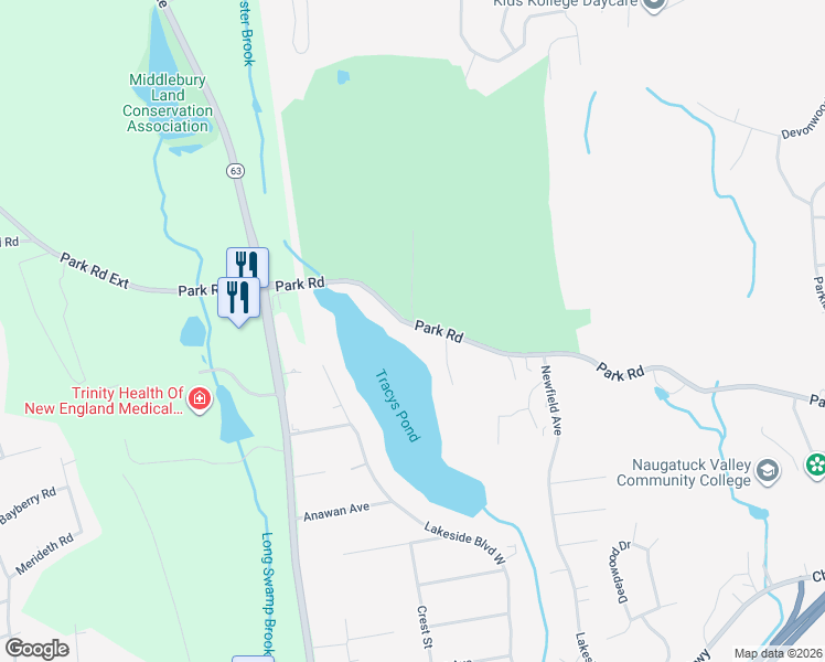 map of restaurants, bars, coffee shops, grocery stores, and more near 657 Park Road in Waterbury