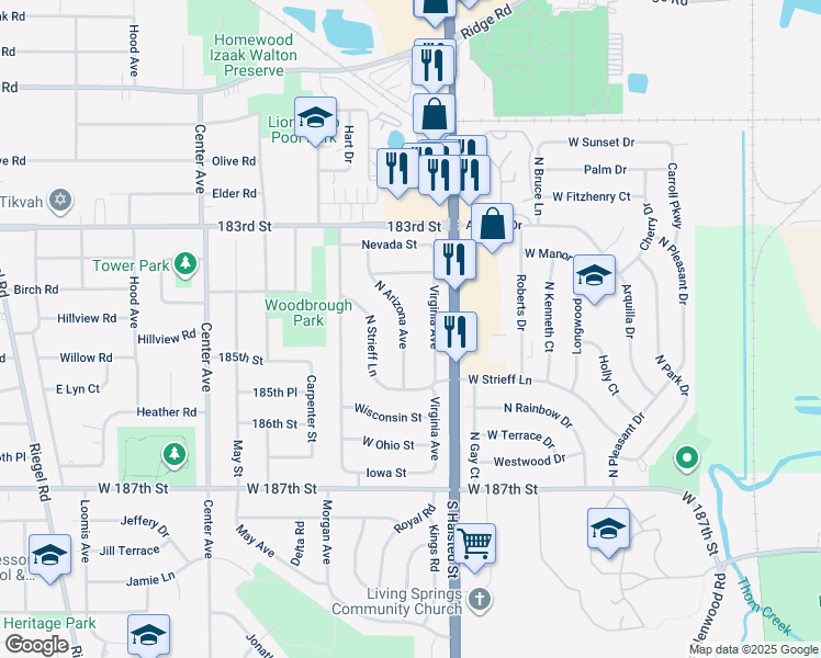 map of restaurants, bars, coffee shops, grocery stores, and more near 429 North Arizona Avenue in Glenwood