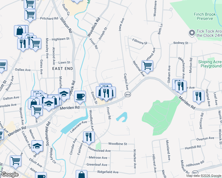 map of restaurants, bars, coffee shops, grocery stores, and more near 69 Rockridge Road in Waterbury