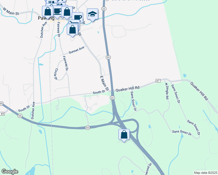 map of restaurants, bars, coffee shops, grocery stores, and more near 146 East Main Street in Pawling