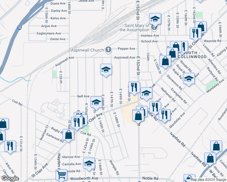 map of restaurants, bars, coffee shops, grocery stores, and more near 913 East 147th Street in Cleveland