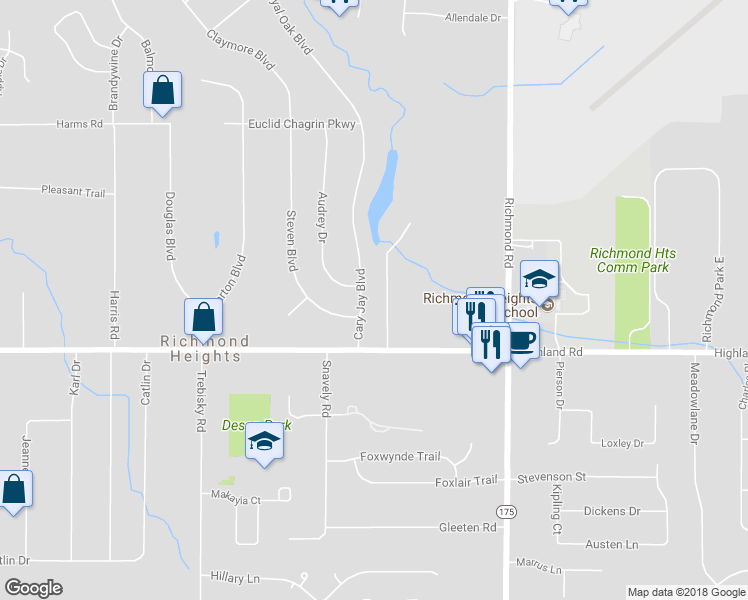 map of restaurants, bars, coffee shops, grocery stores, and more near 443 Cary Jay Boulevard in Richmond Heights