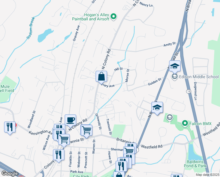 map of restaurants, bars, coffee shops, grocery stores, and more near 59 Frary Avenue in Meriden