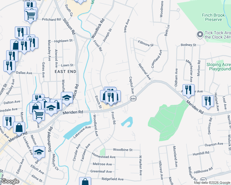 map of restaurants, bars, coffee shops, grocery stores, and more near 69 Rockridge Road in Waterbury