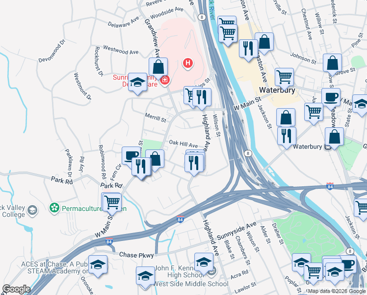map of restaurants, bars, coffee shops, grocery stores, and more near 26 Oak Hill Avenue in Waterbury