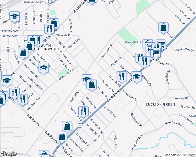 map of restaurants, bars, coffee shops, grocery stores, and more near 1698 Wickford Road in Cleveland
