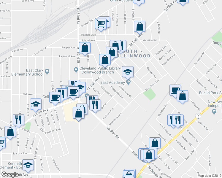 map of restaurants, bars, coffee shops, grocery stores, and more near 933 Nathaniel Road in Cleveland