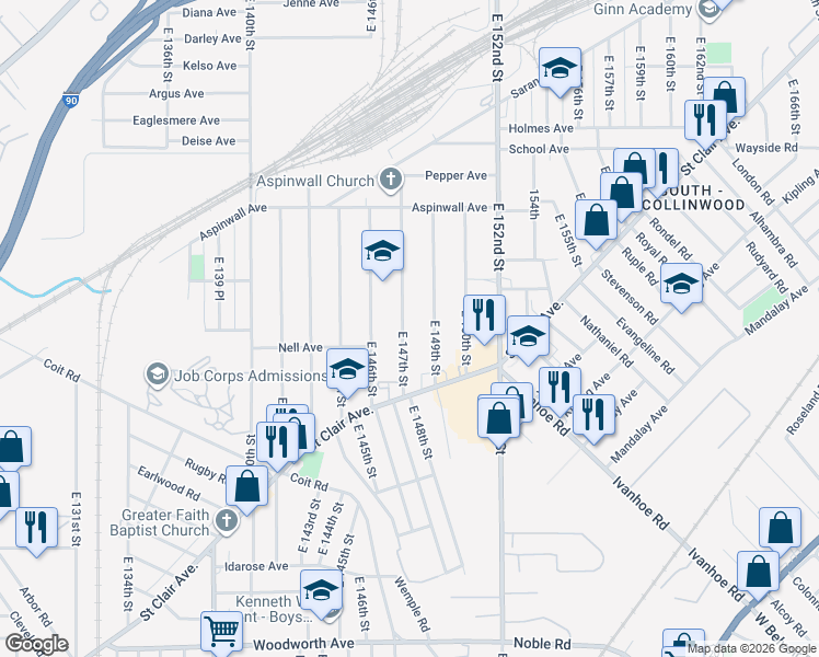 map of restaurants, bars, coffee shops, grocery stores, and more near 913 East 147th Street in Cleveland