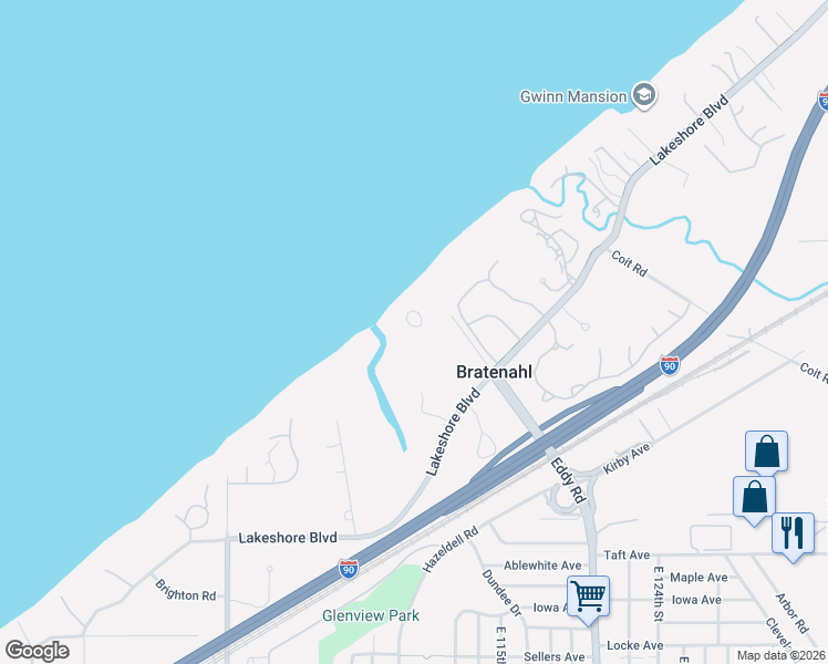map of restaurants, bars, coffee shops, grocery stores, and more near 2 Bratenahl Place in Cleveland