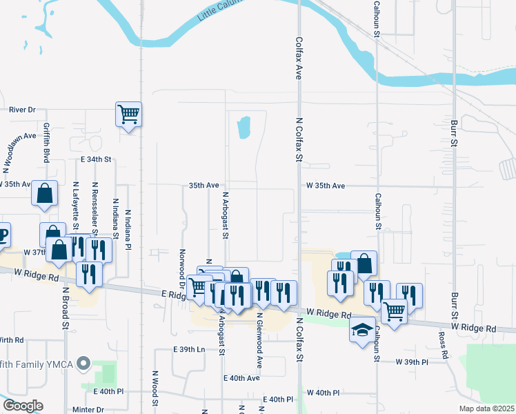map of restaurants, bars, coffee shops, grocery stores, and more near 1831 Park West Boulevard in Griffith