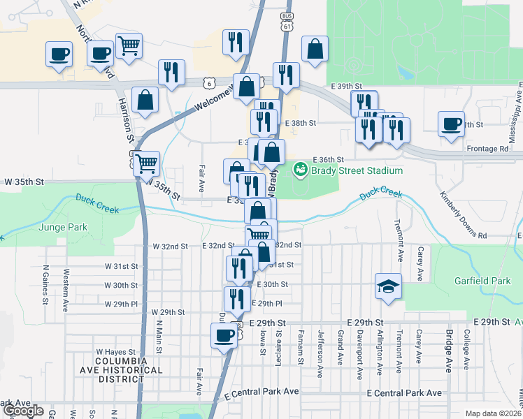 map of restaurants, bars, coffee shops, grocery stores, and more near 3410 N Brady St in Davenport