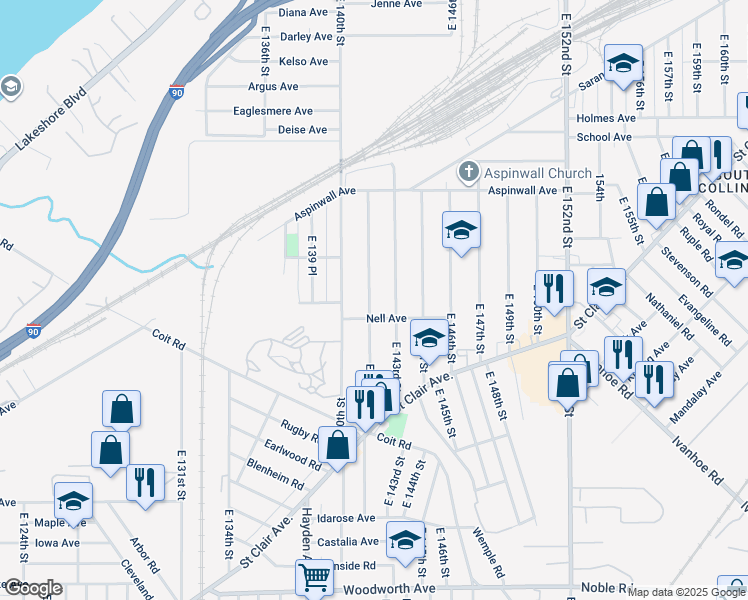 map of restaurants, bars, coffee shops, grocery stores, and more near 921 East 141st Street in Cleveland