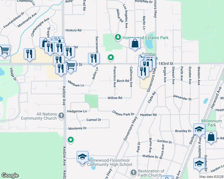 map of restaurants, bars, coffee shops, grocery stores, and more near 18430 Francisco Avenue in Homewood