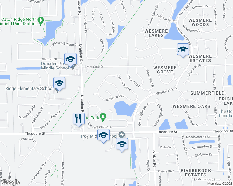 map of restaurants, bars, coffee shops, grocery stores, and more near 1903 Spring Ridge Drive in Plainfield