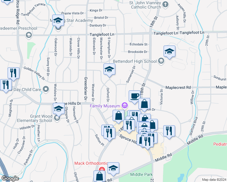 map of restaurants, bars, coffee shops, grocery stores, and more near 3134 S Hampton Dr in Bettendorf