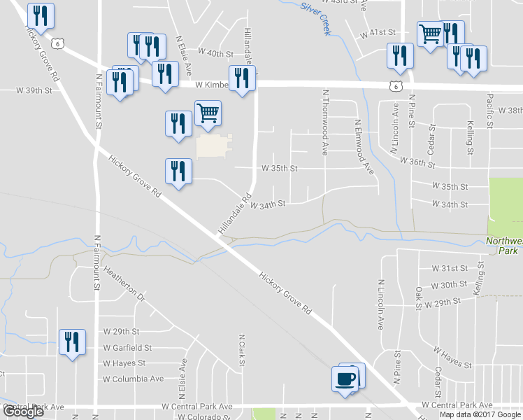map of restaurants, bars, coffee shops, grocery stores, and more near 2917 West 34th Street in Davenport