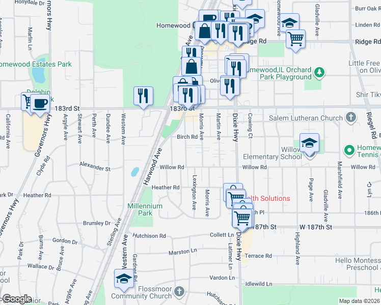 map of restaurants, bars, coffee shops, grocery stores, and more near 18347 Klimm Avenue in Homewood