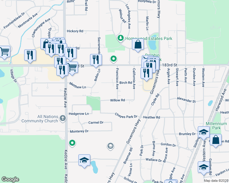 map of restaurants, bars, coffee shops, grocery stores, and more near 18430 Francisco Avenue in Homewood