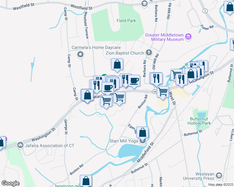map of restaurants, bars, coffee shops, grocery stores, and more near 835 Washington Street in Middletown