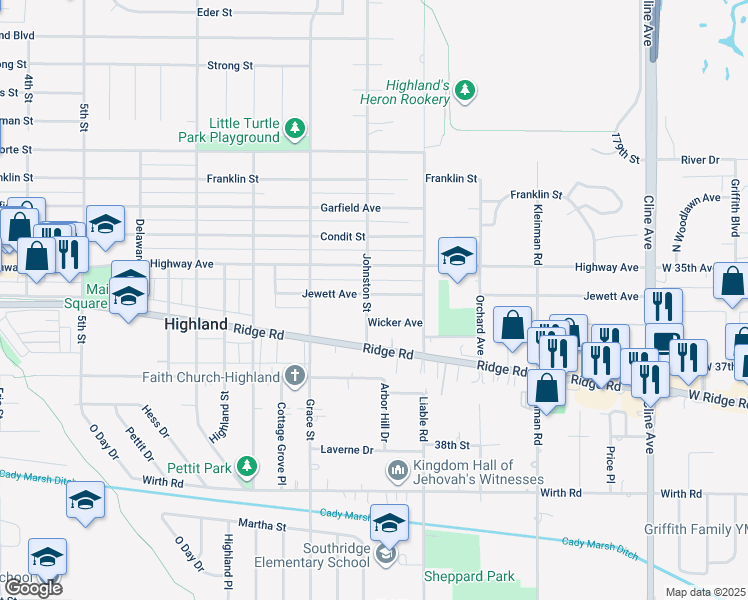 map of restaurants, bars, coffee shops, grocery stores, and more near 3508 Jewett Avenue in Highland
