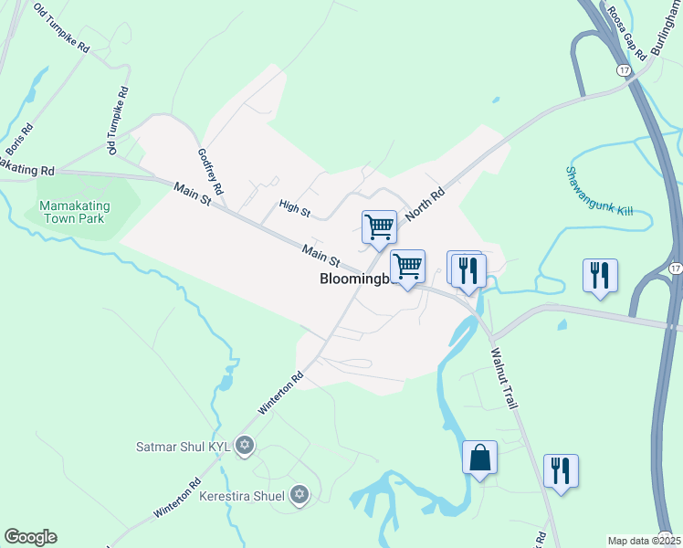 map of restaurants, bars, coffee shops, grocery stores, and more near 85 Main Street in Bloomingburg