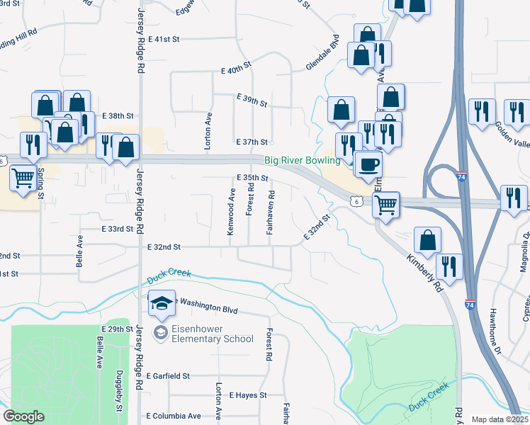 map of restaurants, bars, coffee shops, grocery stores, and more near 3316 Fairhaven Road in Davenport