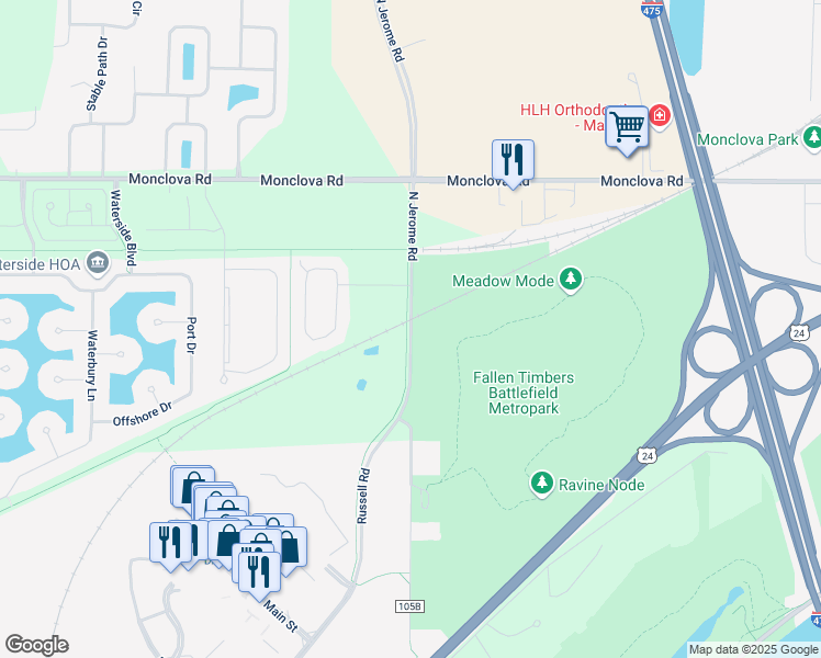 map of restaurants, bars, coffee shops, grocery stores, and more near 4760 North Jerome Road in Maumee