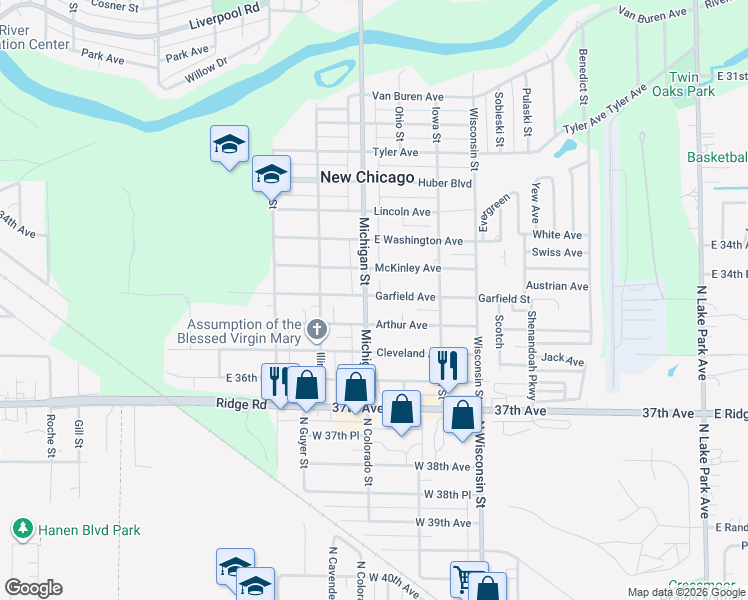 map of restaurants, bars, coffee shops, grocery stores, and more near 3501 Michigan St in Hobart