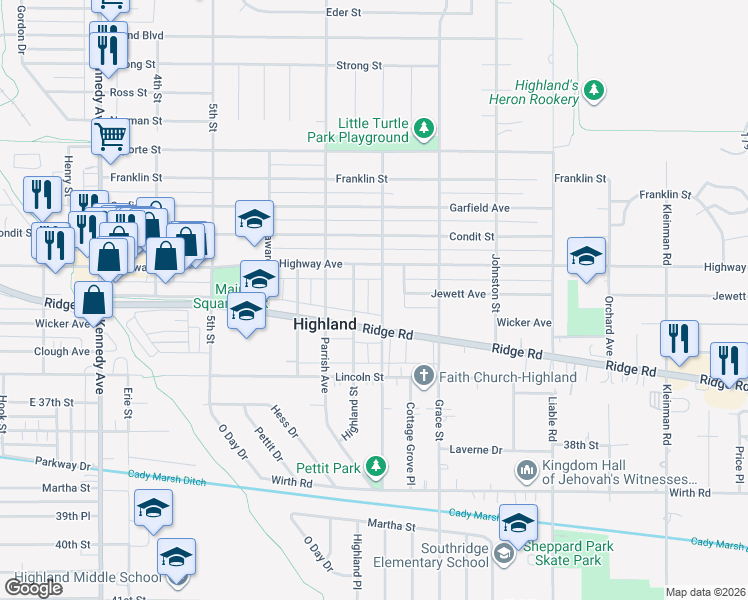 map of restaurants, bars, coffee shops, grocery stores, and more near 8732 Cottage Grove Ave in Highland