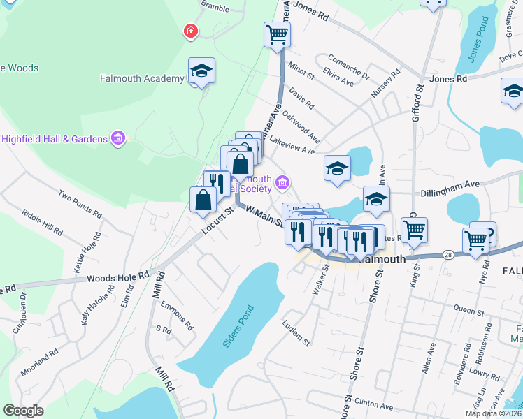 map of restaurants, bars, coffee shops, grocery stores, and more near 12 Hewins Street in Falmouth