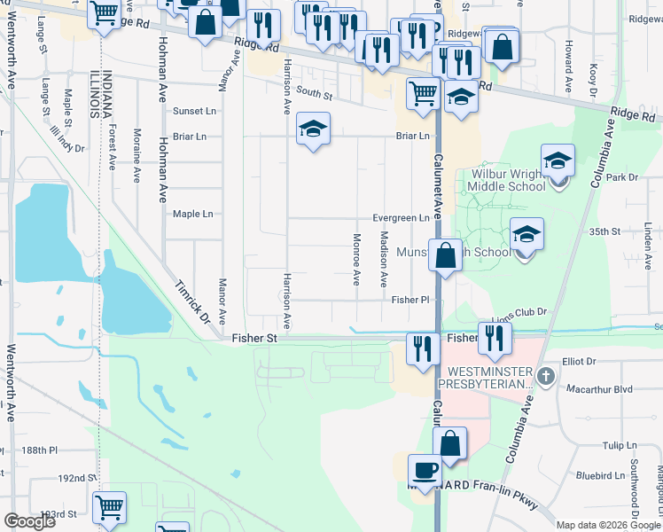 map of restaurants, bars, coffee shops, grocery stores, and more near 549 Cedar Court in Munster
