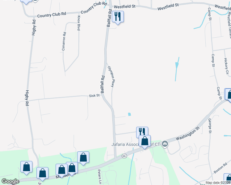 map of restaurants, bars, coffee shops, grocery stores, and more near 56 Olympus Parkway in Middletown